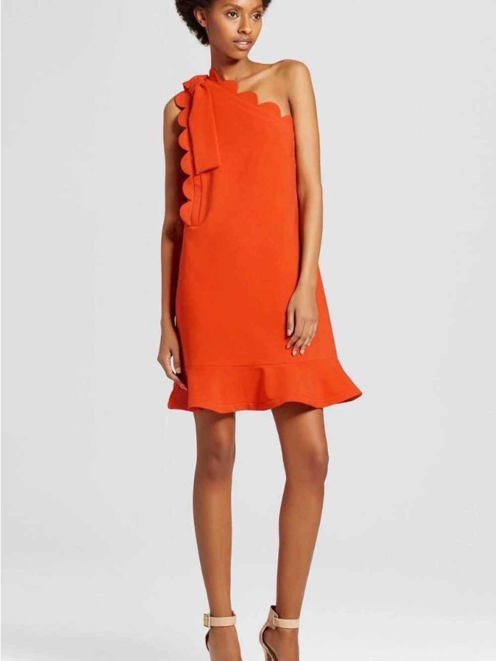 Victoria Beckham One-Shoulder Scallop Tie Dress in Bright Orange